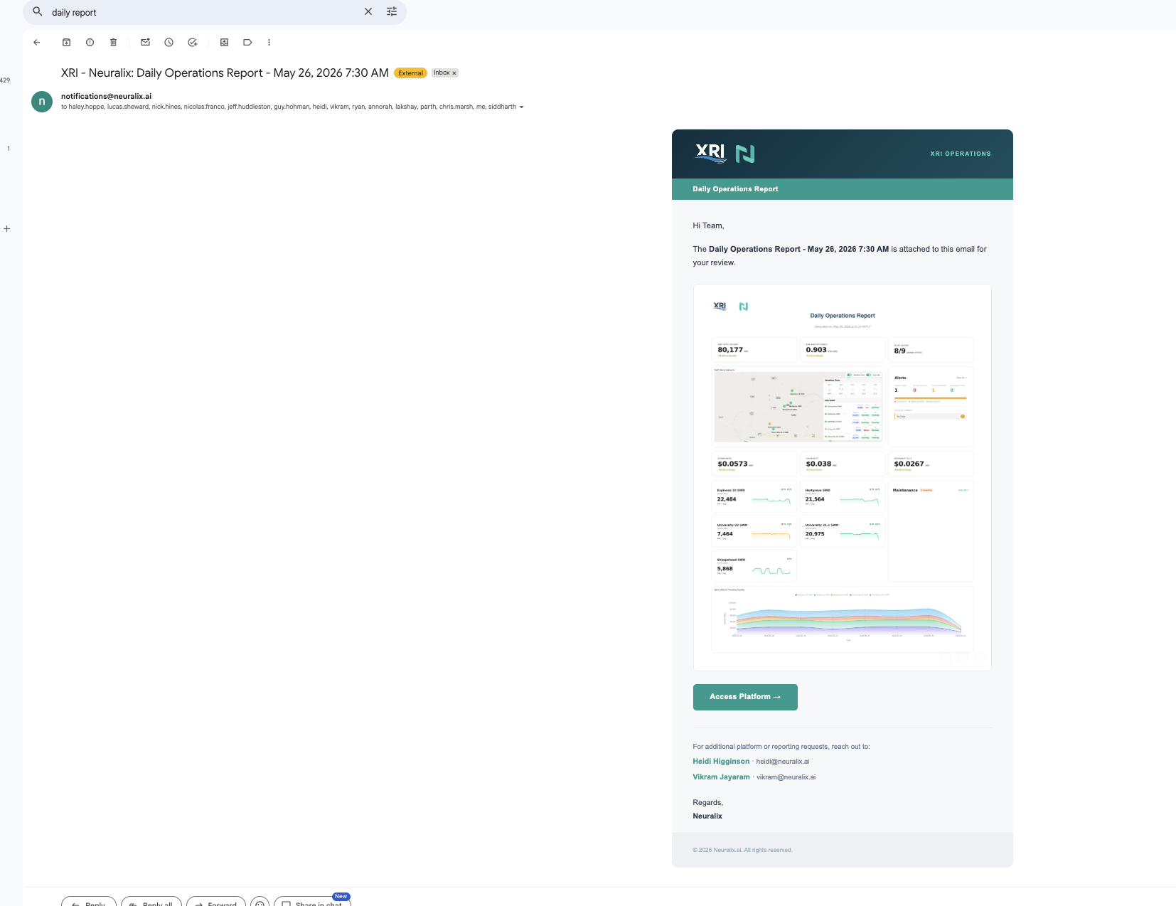 Sample XRI Daily Operations Report email